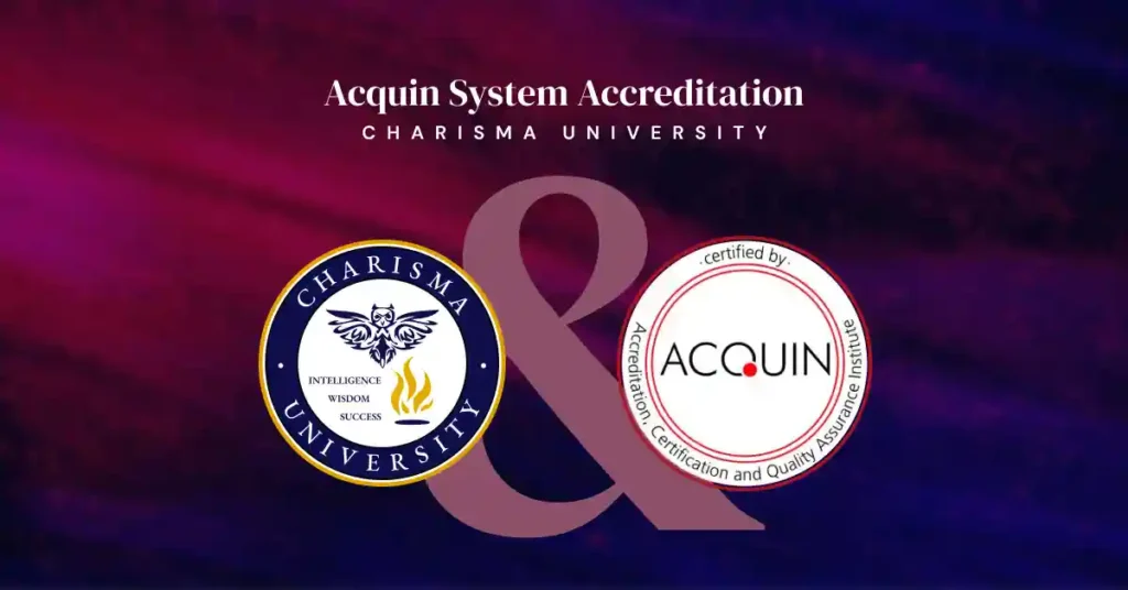 Charisma University logo on the left and Acquin accreditation logo on the right with the text "Acquin System Accreditation" in between.