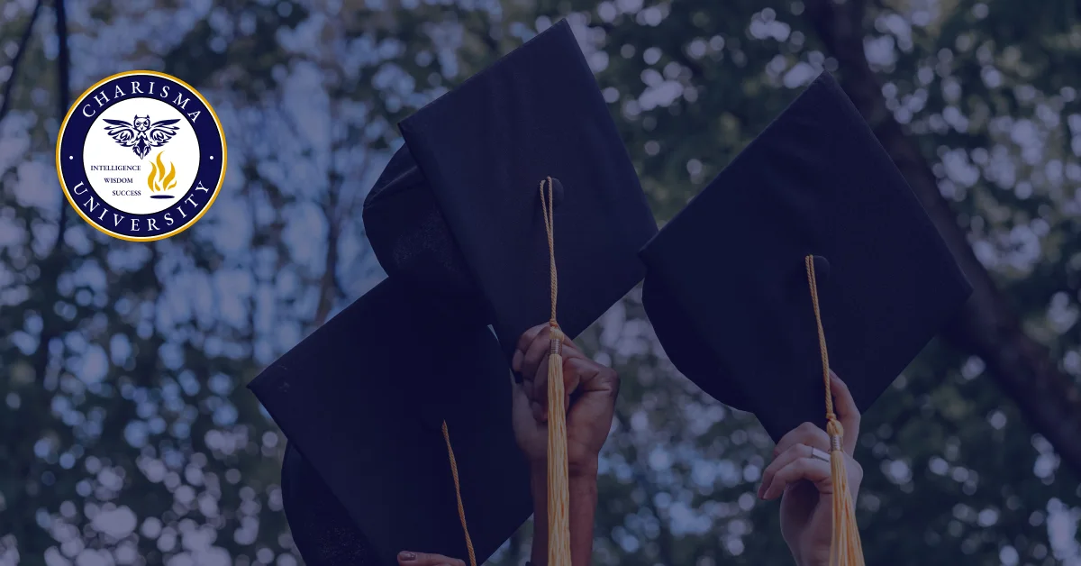 Charisma University logo with students holding graduation caps in the background, celebrating their achievement.