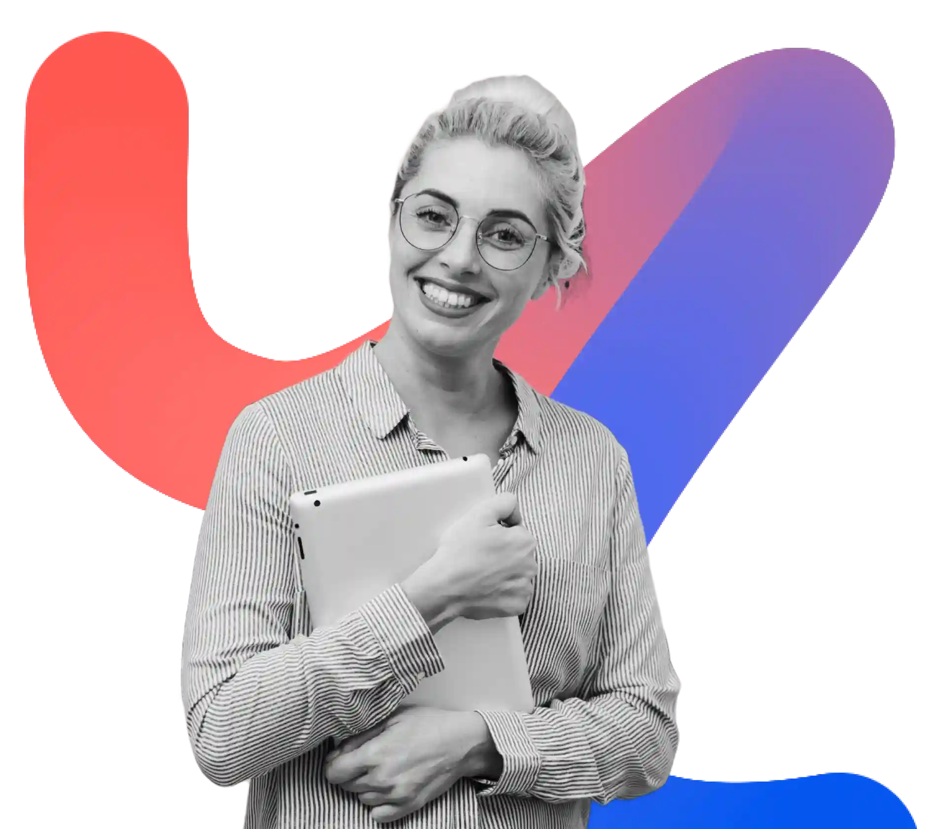A woman with blonde hair, wearing glasses and a striped shirt, smiles while holding a tablet close to her chest. The background is a gradient of red and blue.