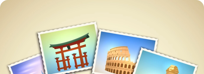 A collection of illustrations of famous landmarks, including a Japanese Torii gate, the Colosseum, and the Sphinx, arranged like photos on a light-colored background.