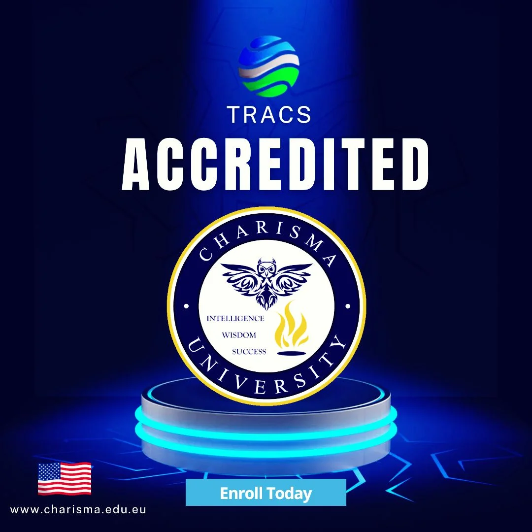 Charisma University TRACS accreditation announcement poster.
