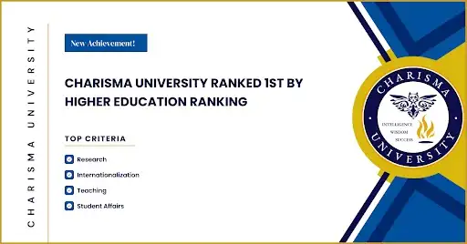 Charisma University ranked 1st by Higher Education Ranking, with top criteria listed: Research, Internationalization, Teaching, and Student Affairs.