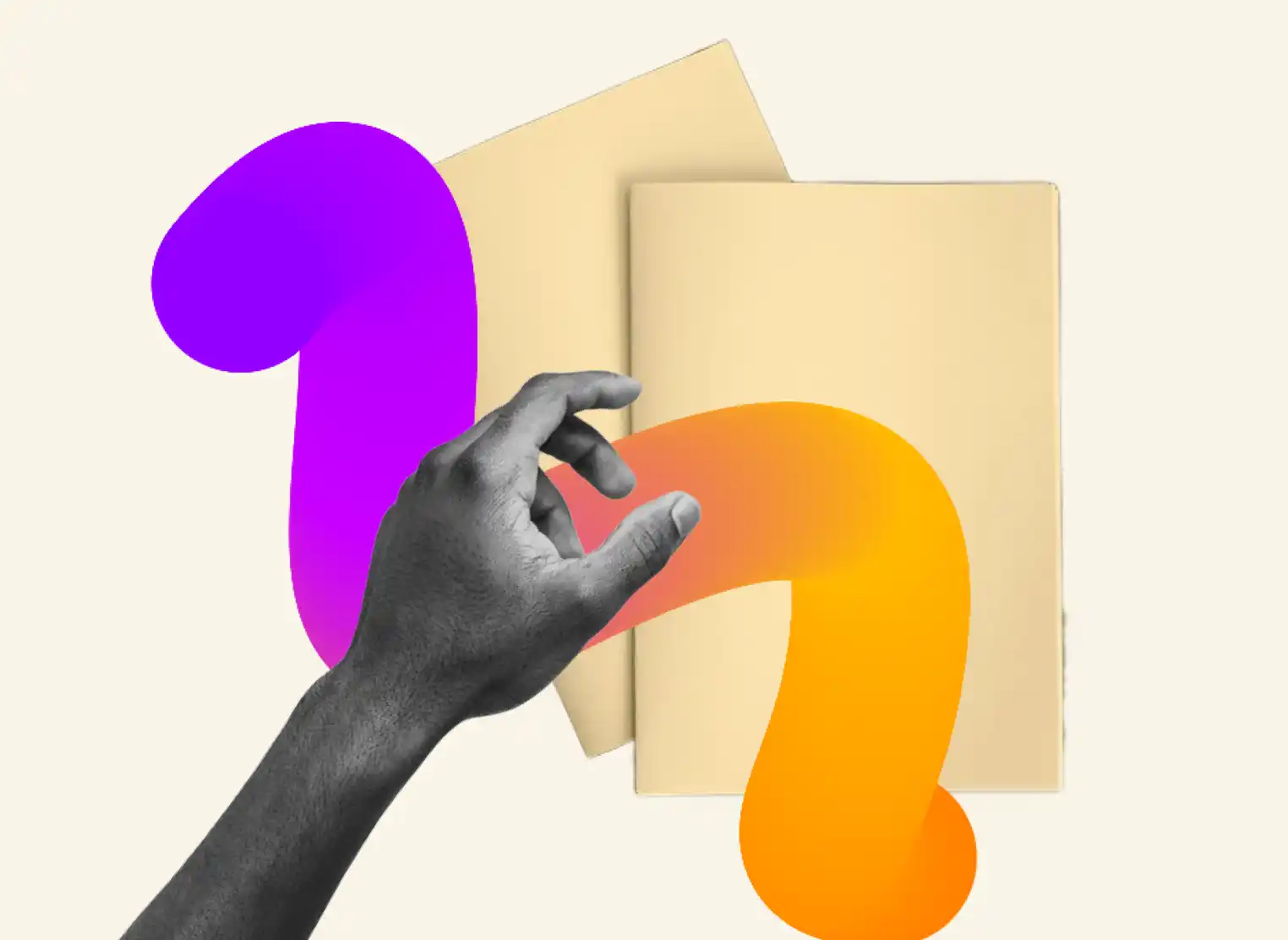 Hand reaching for two folders with abstract colorful shapes in the background.