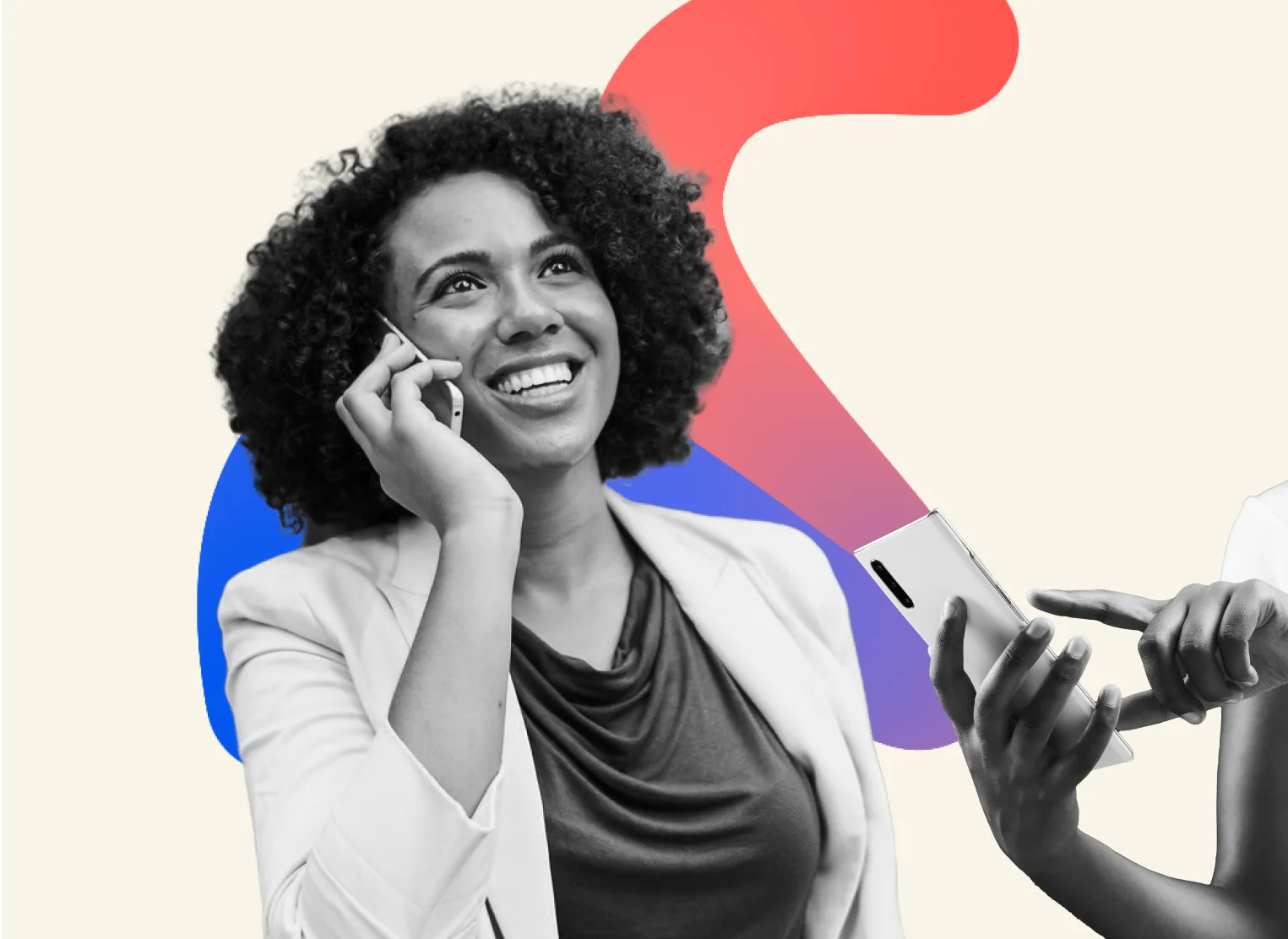 Smiling woman talking on a phone with colorful abstract shapes and a hand holding a smartphone.