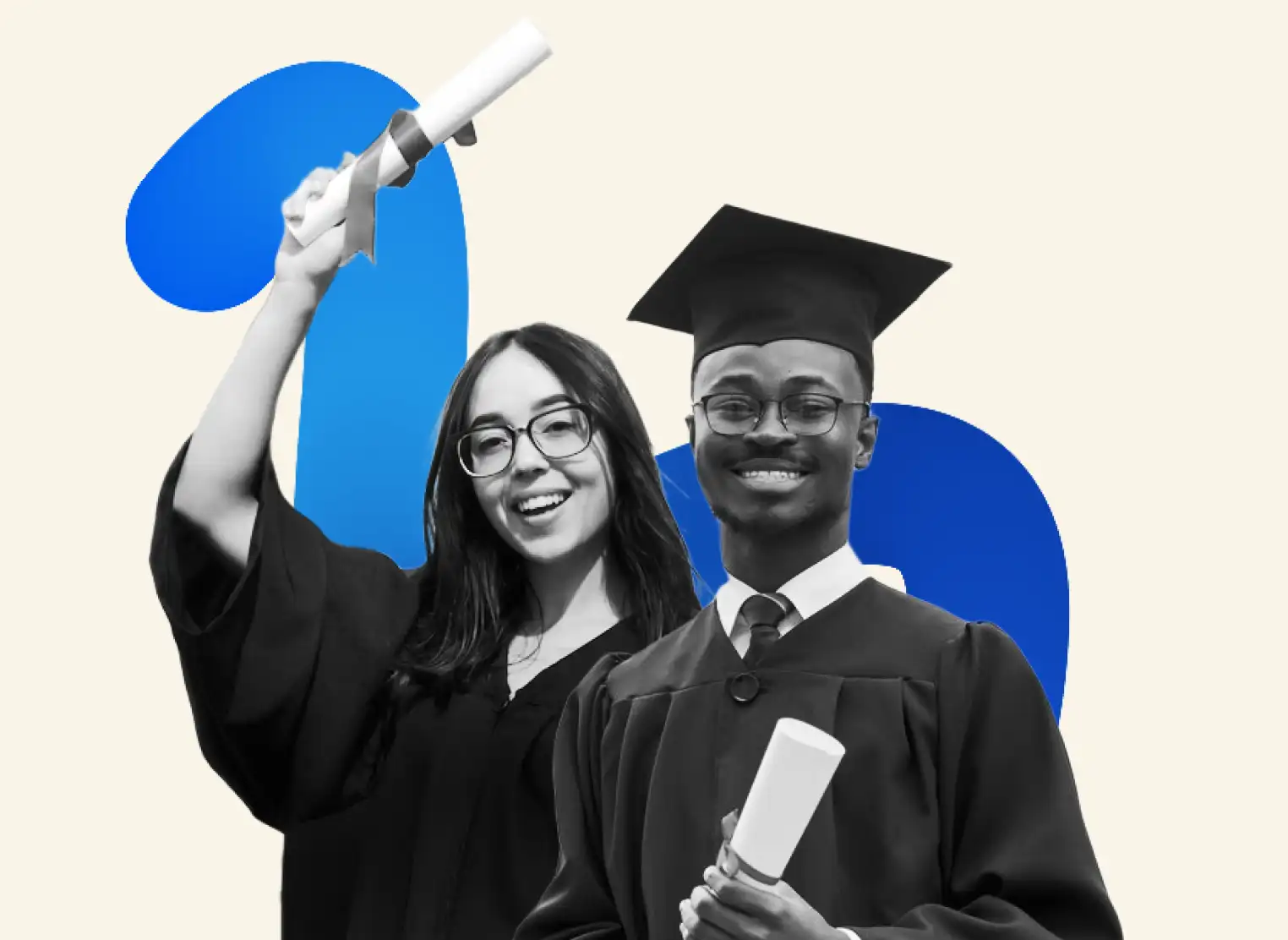 Two happy graduates holding their diplomas, with abstract blue shapes in the background.