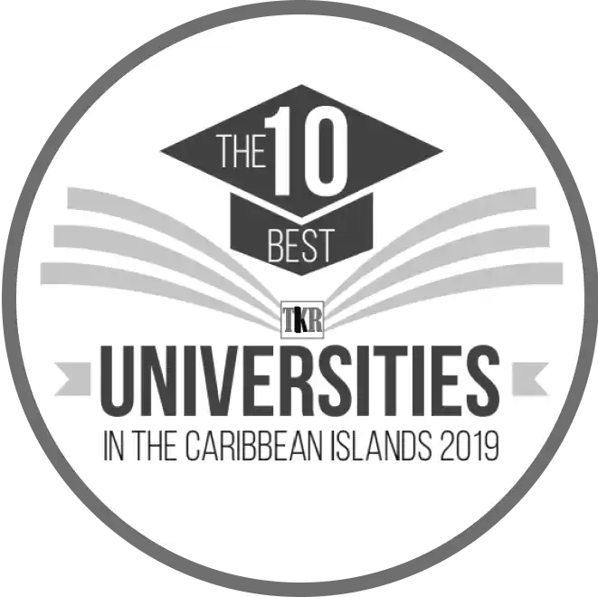 Badge for 'The 10 Best Universities in the Caribbean Islands 2019' with an open book and TKR logo.