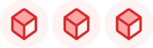Three red cube icons inside circular backgrounds.
